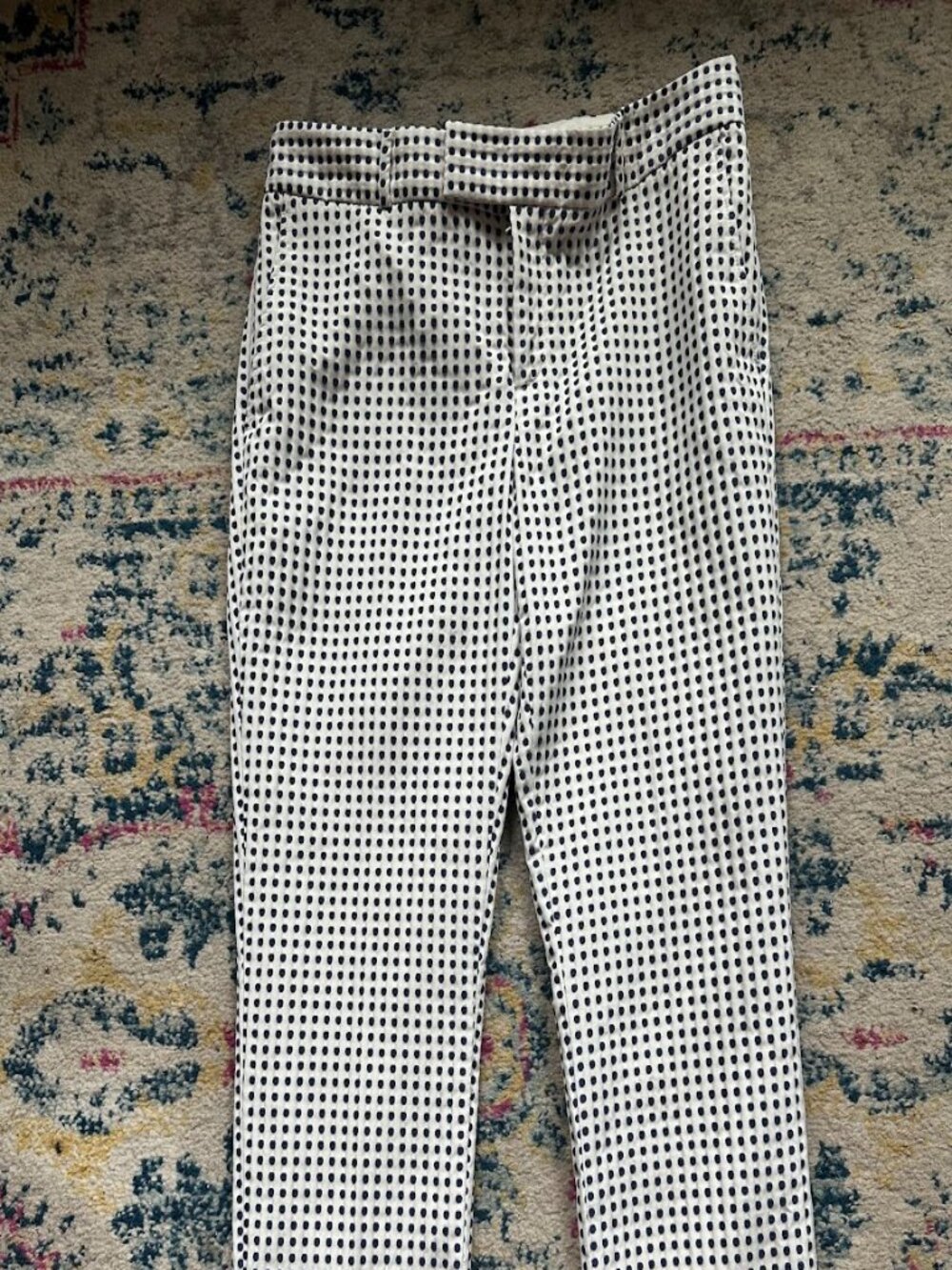Banana Republic Cream & Navy Blue Polka Dot Jacquard Cropped Tailored Pants - 8